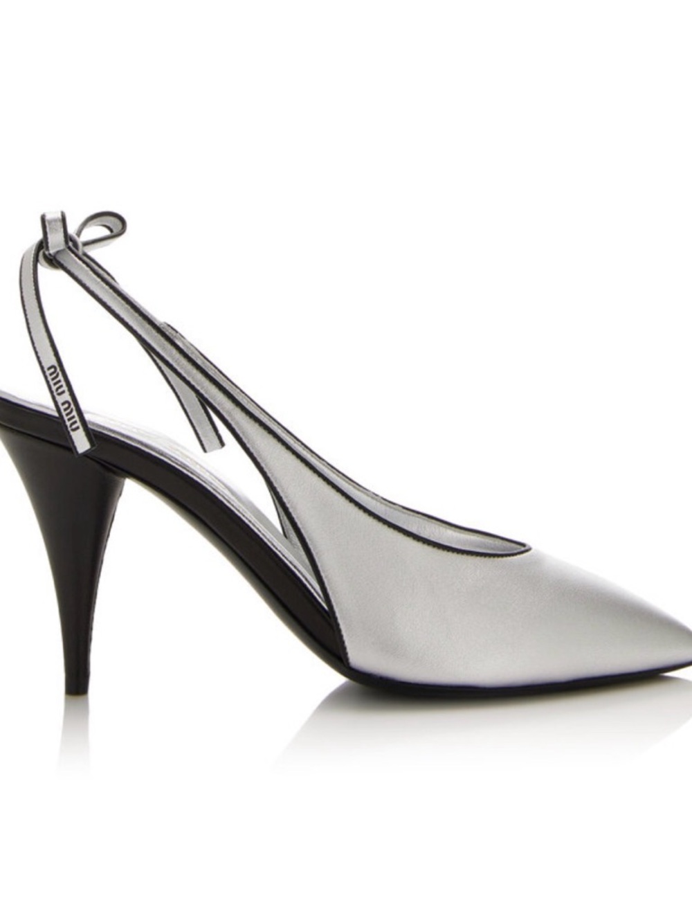 Miu Miu Metallic Leather Slingback Pumps,Metallic Silver Pointed Slingback Pumps